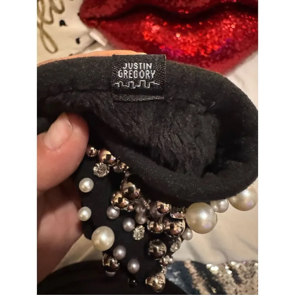 3 piece bling pearl studded headband/w knit fleece lined mittens/gloves